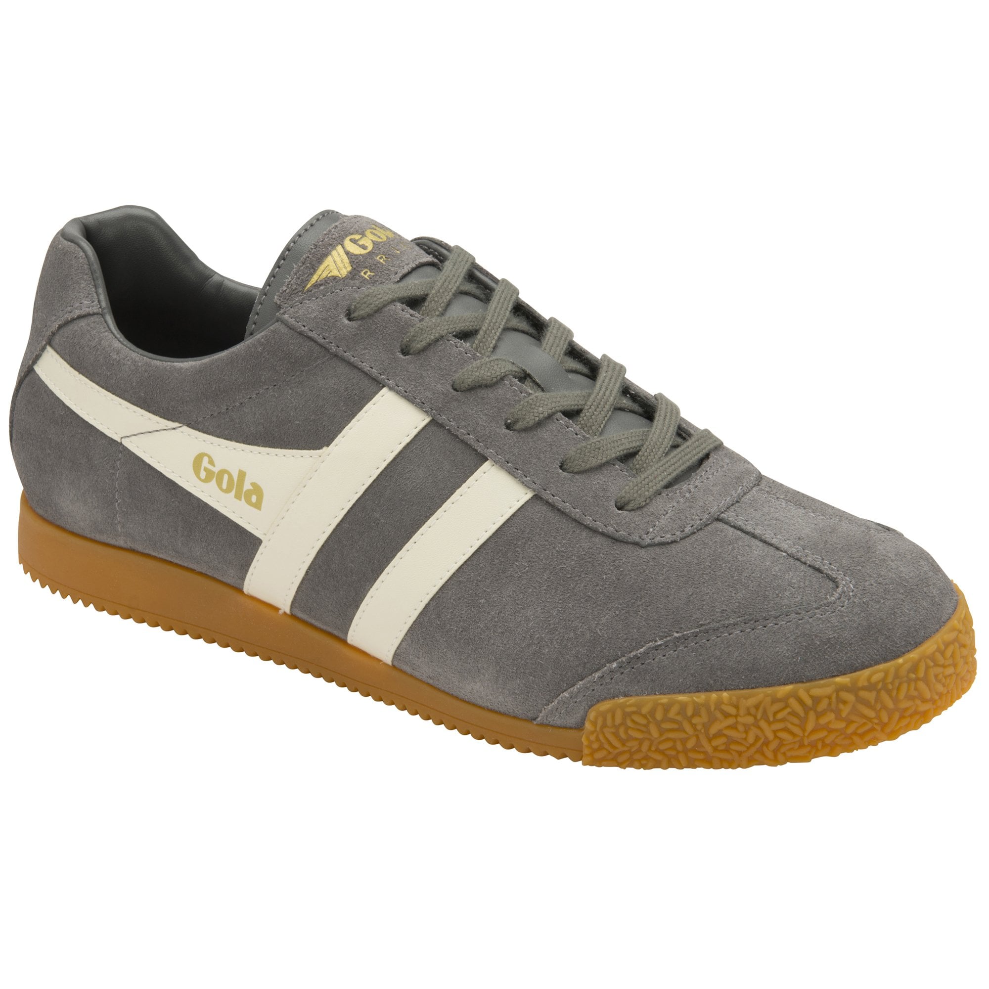 Angled view of a single gray Gola sneaker with white stripes and a gum sole.