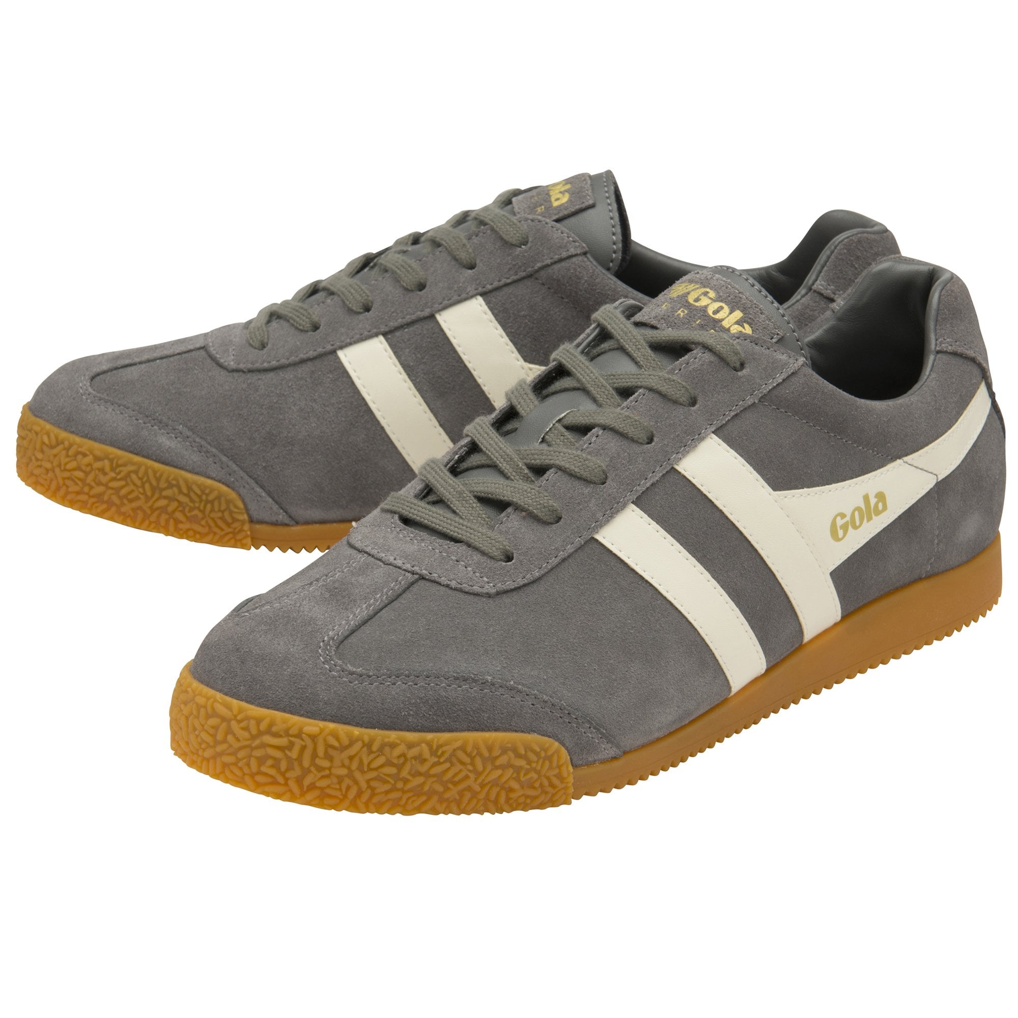 Pair of gray Gola sneakers with white stripes and gum soles, angled toward the right.