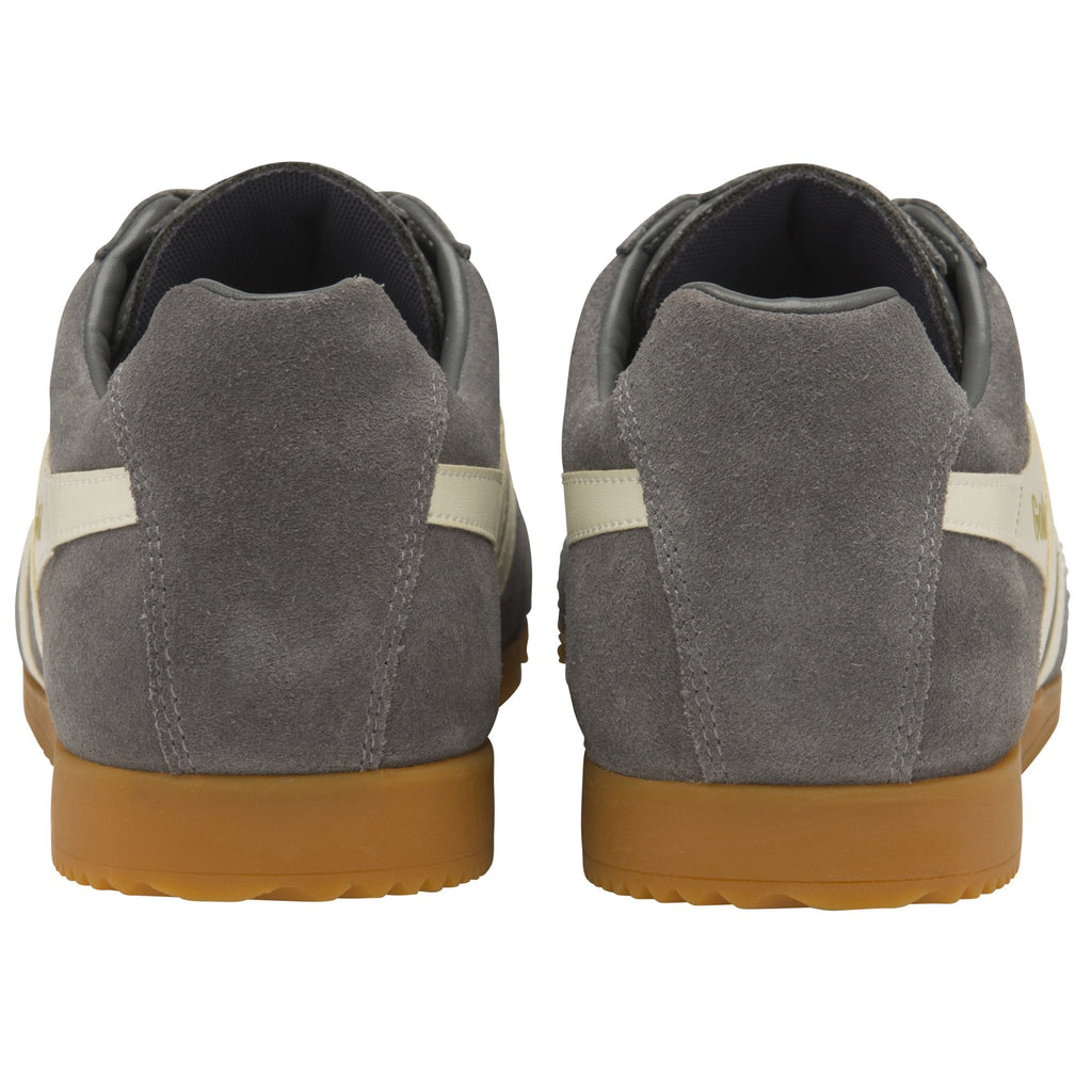 Pair of grey suede sneakers with white stripes and brown soles, viewed from the back