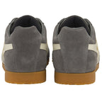 Pair of grey suede sneakers with white stripes and brown soles, viewed from the back