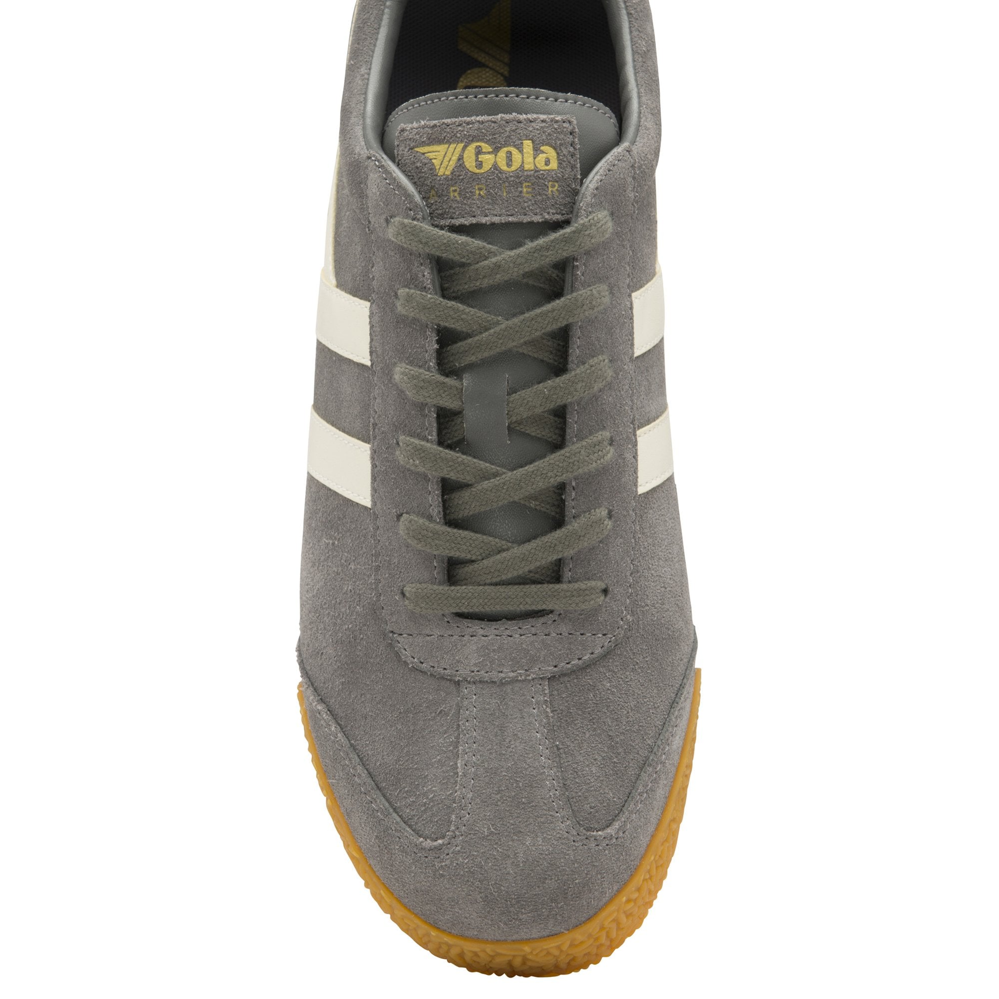 Top-down view of a single gray Gola sneaker with white stripes and a gum sole.