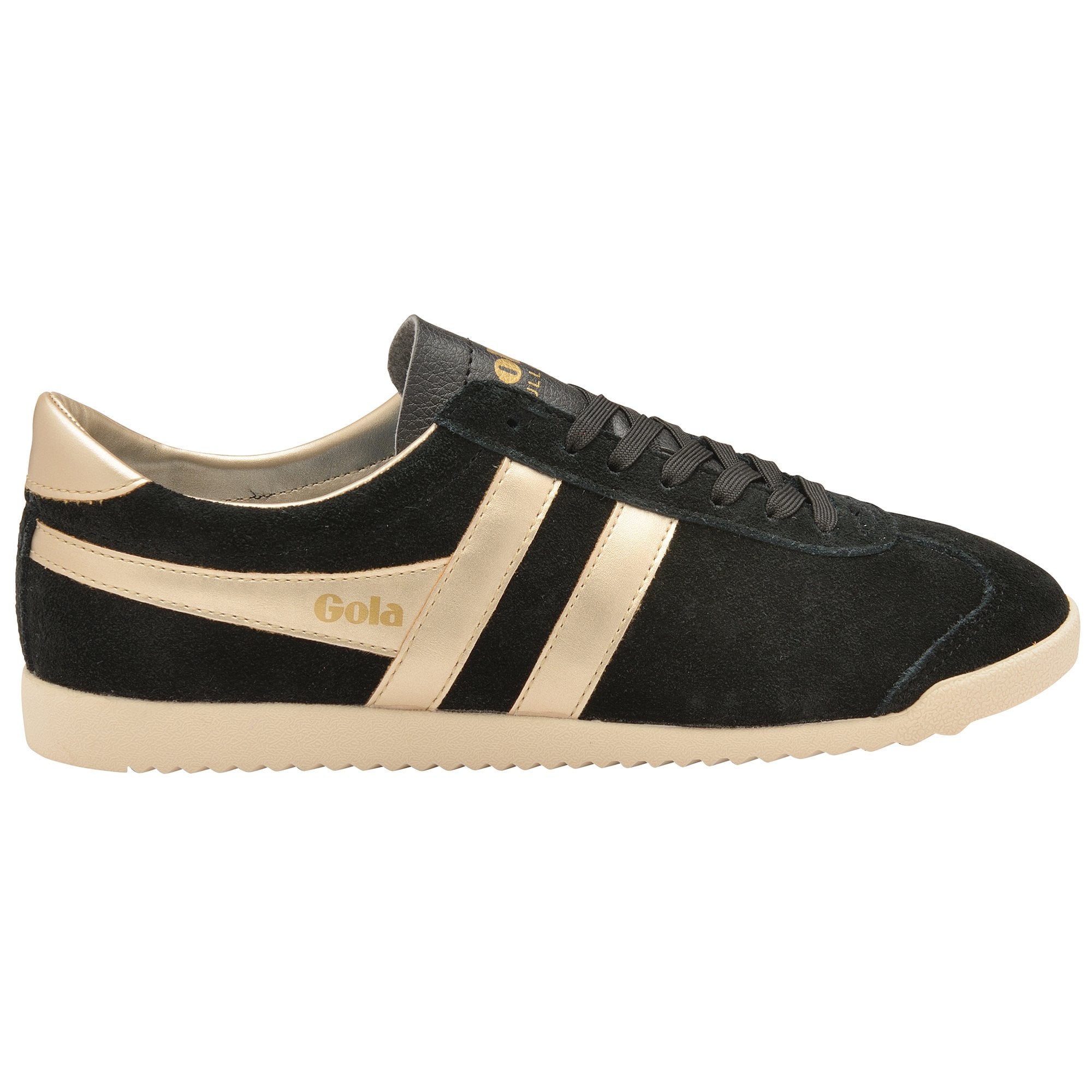 A black suede sneaker with gold stripes and heel detail, angled slightly to the right.