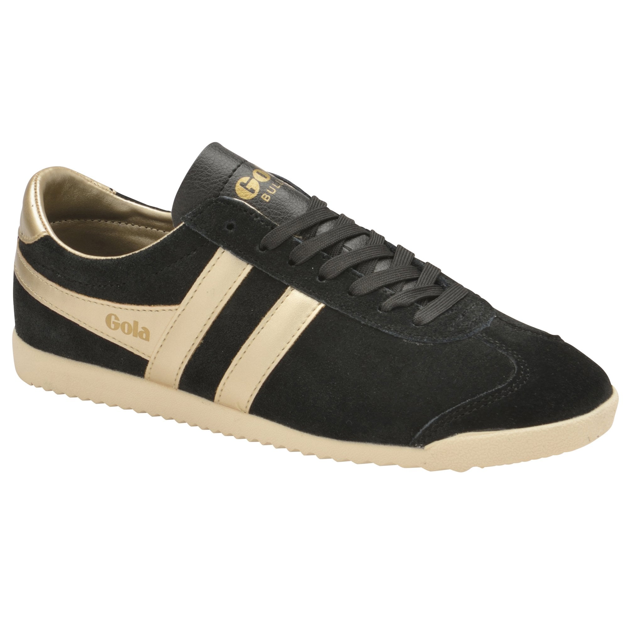 A black suede sneaker with gold stripes and heel detail, angled slightly to the left.