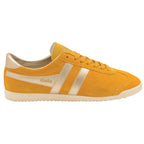 A single mustard yellow Gola trainer with gold stripes and heel accent, viewed from the side.