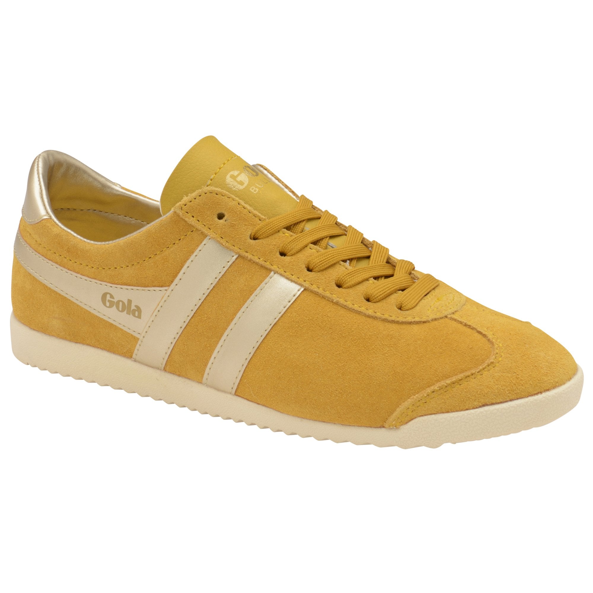 Mustard yellow Gola trainer with gold stripes and heel, shown from a slightly elevated side angle.