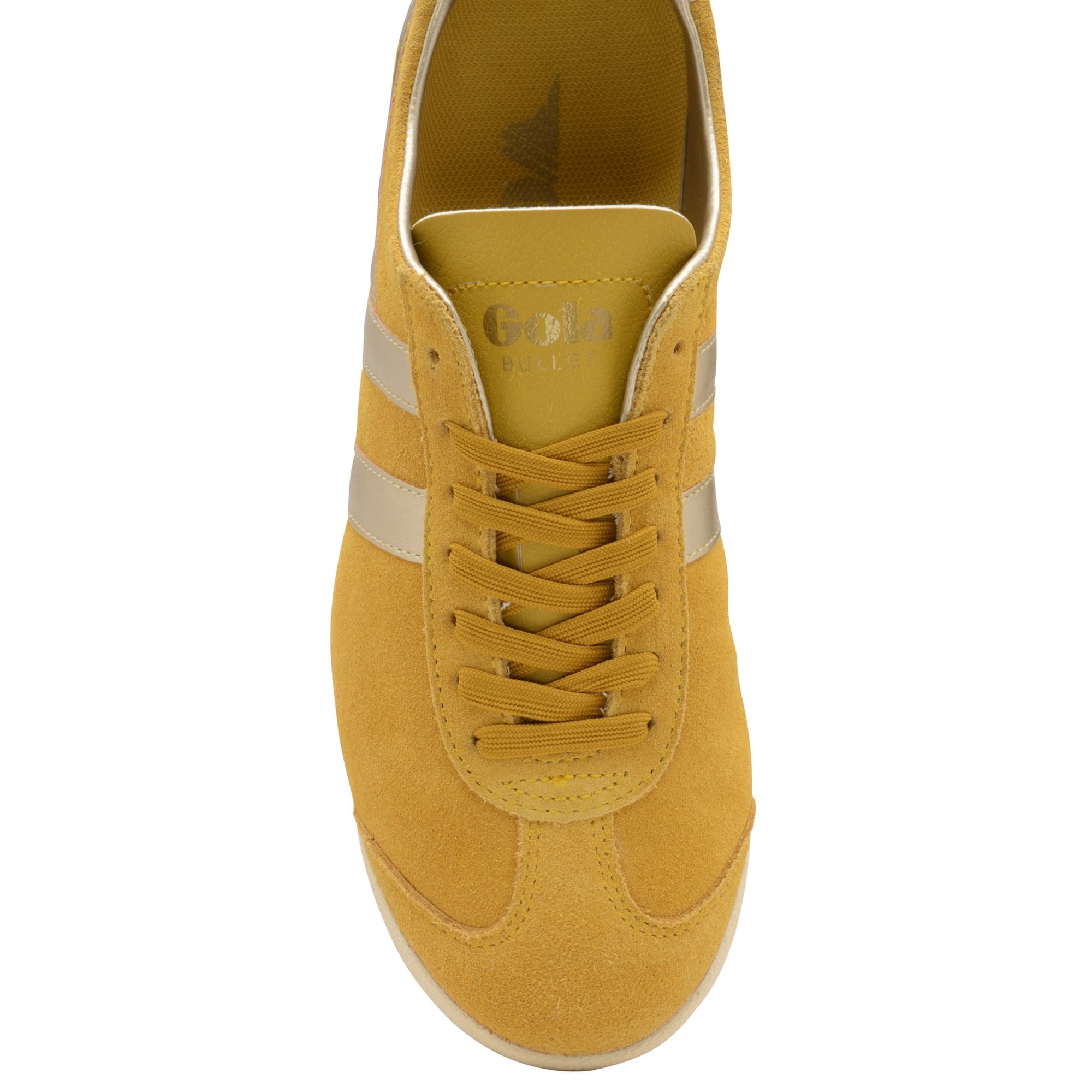 Top-down view of a single mustard yellow Gola trainer with gold stripes and laces.