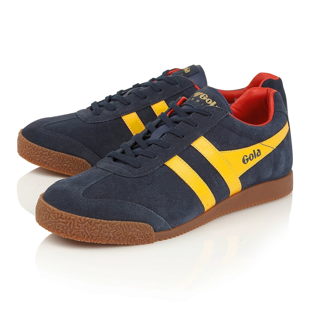 Pair of Gola men's Harrier suede trainers in navy/sun colorway.