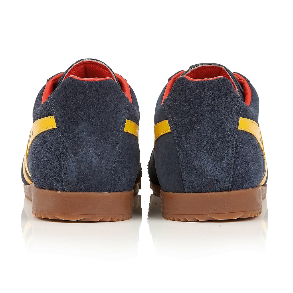Back view of Gola men's Harrier suede trainers in navy/sun colorway.