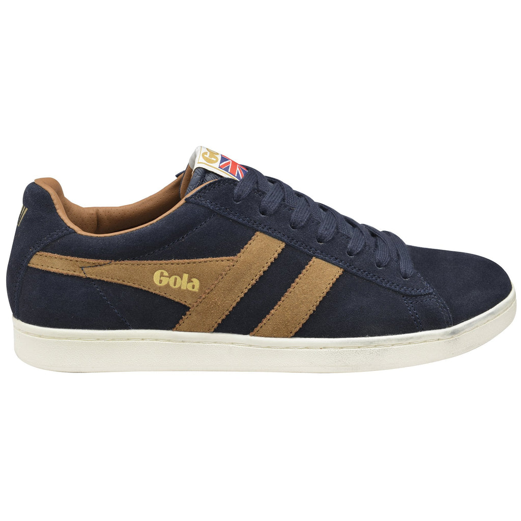 A single men's navy blue suede sneaker with brown stripes and white sole shown from the side.