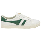 Side profile of a white canvas Gola women's trainer with two green stripes.