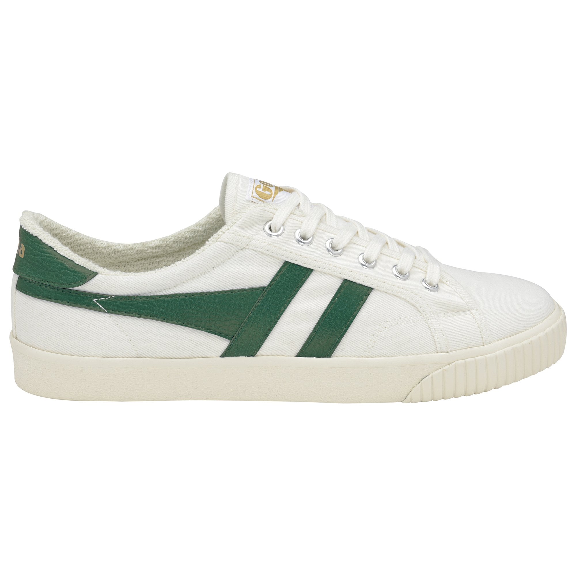 Side profile of a white canvas Gola women's trainer with two green stripes.