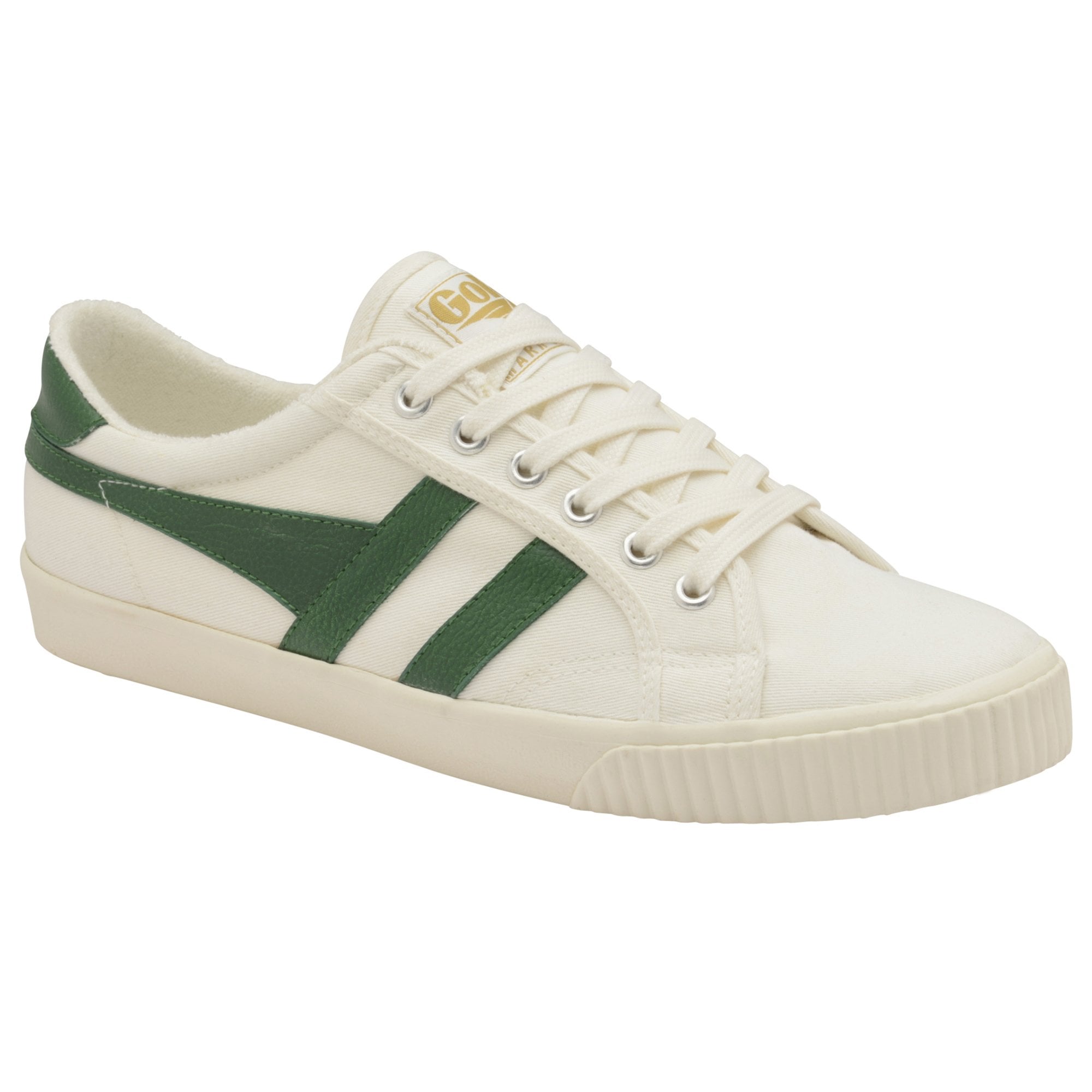 Angled view of a white canvas Gola women's trainer with two green stripes.