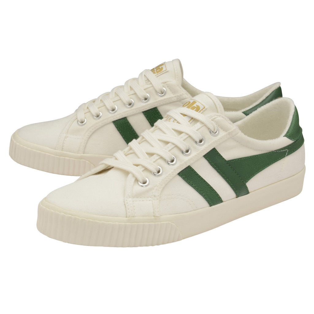 Pair of white canvas Gola women's trainers with two green stripes.