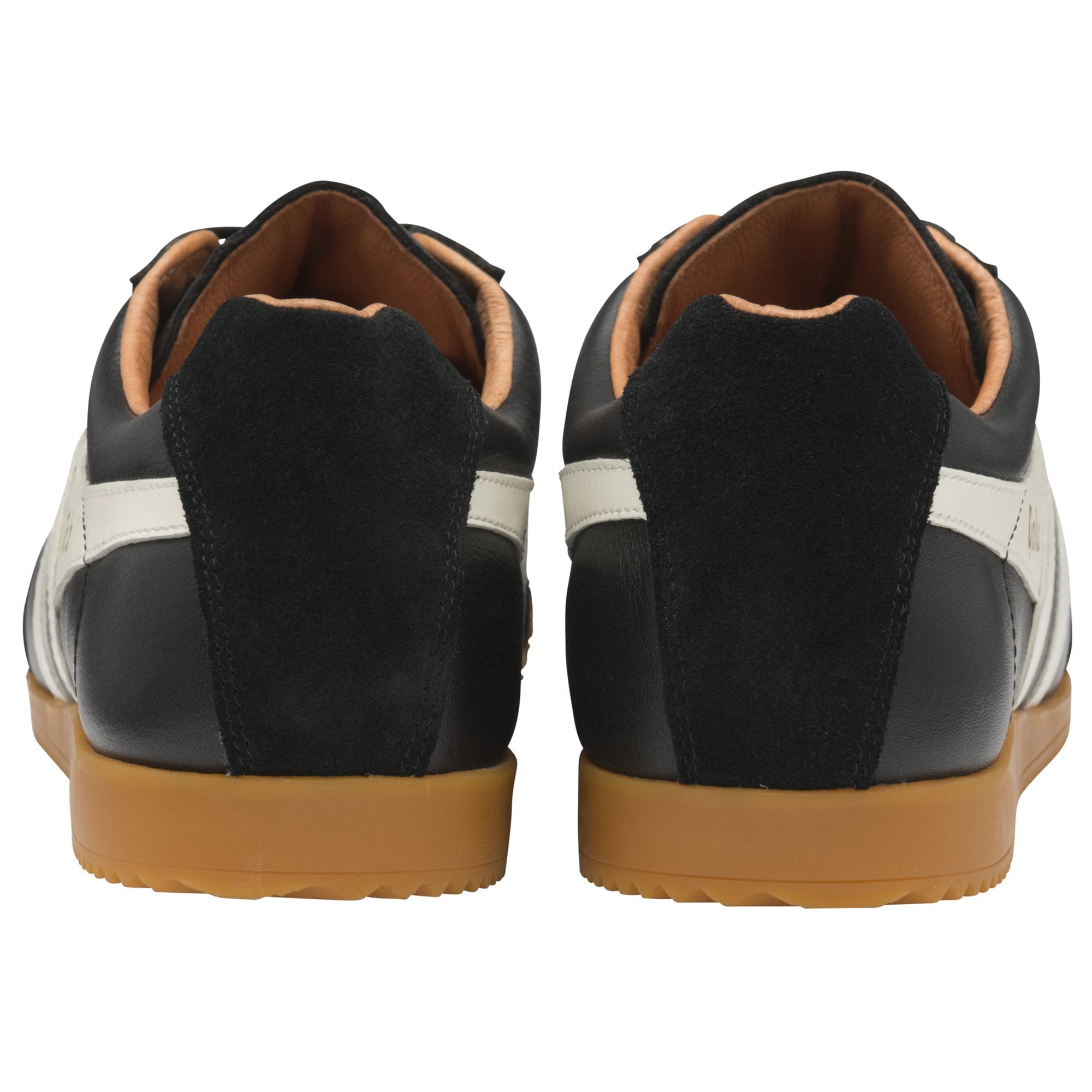 The rear view of two black Gola Harrier shoes with brown soles.