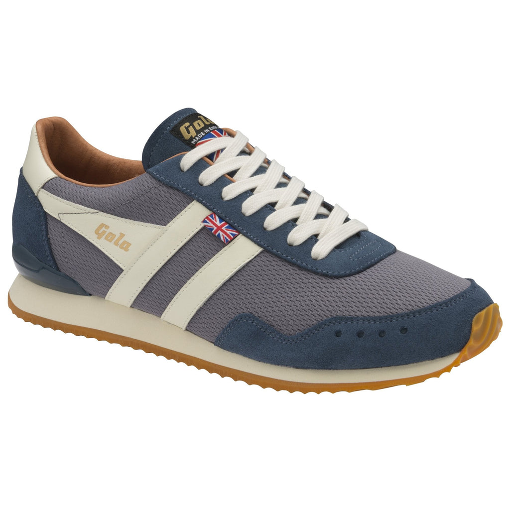 A 3/4 view of the Gola men's Hurricane trainer in navy and grey.