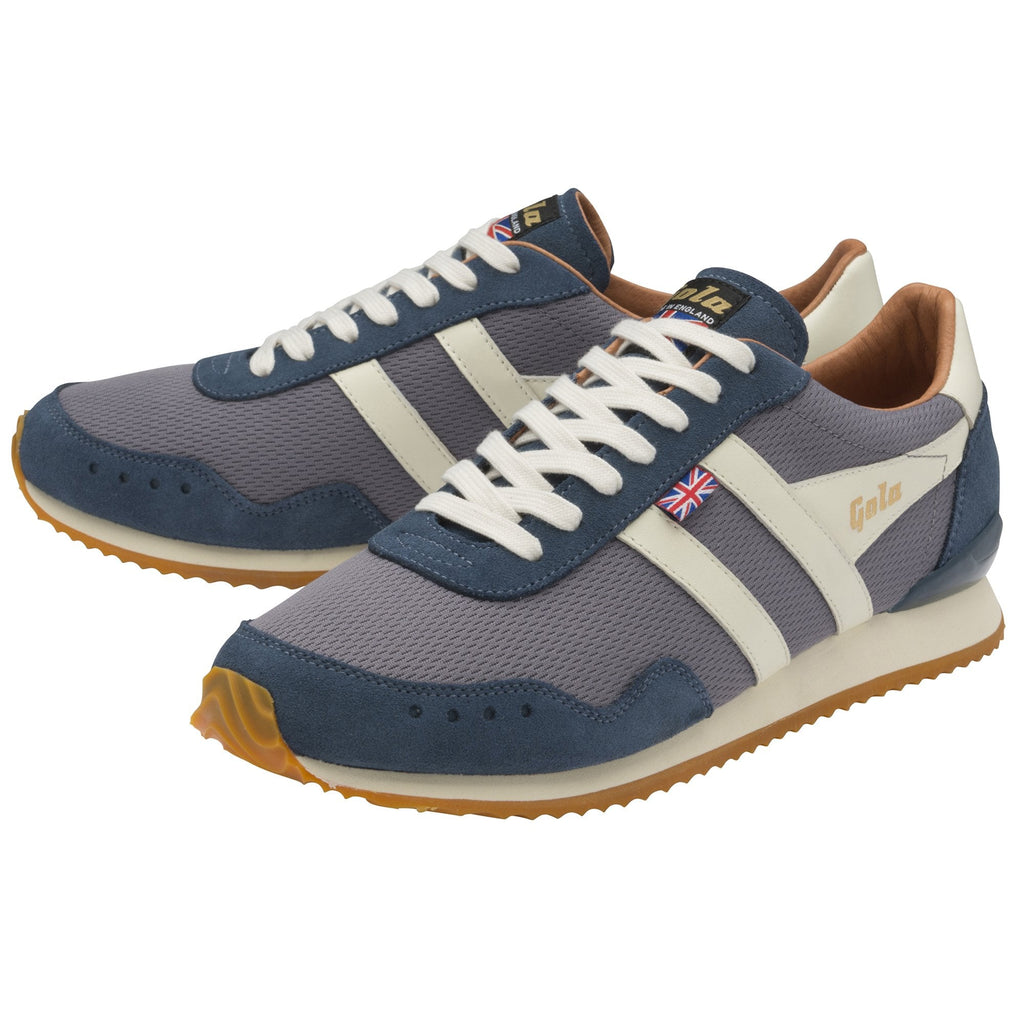 A front 3/4 view of both Gola men's Hurricane trainers in navy and grey.