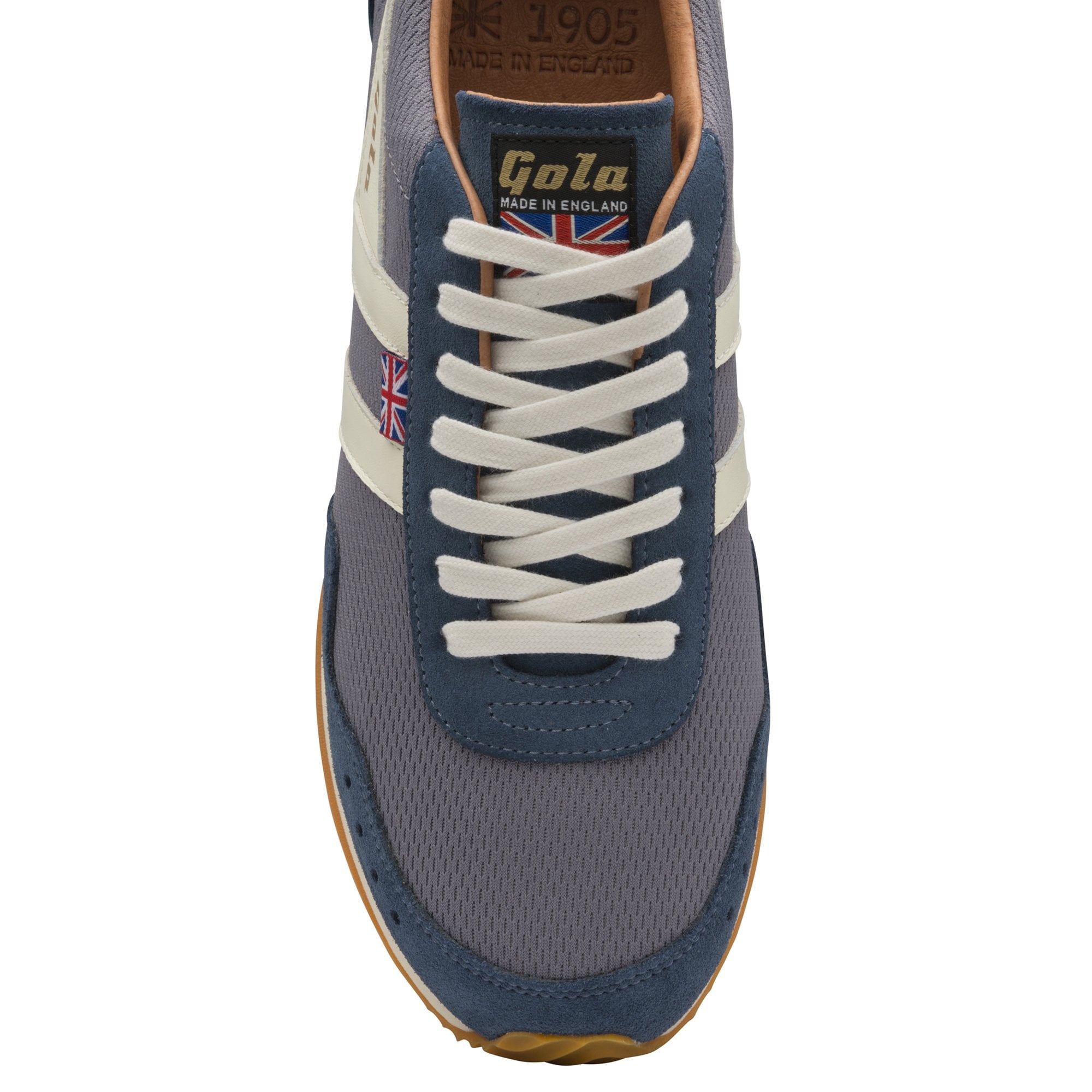 A top down view of the right Gola men's Hurricane trainer in navy and grey.