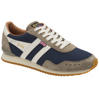 A single men's Gola sneaker, navy, grey, and white, with laces tied.