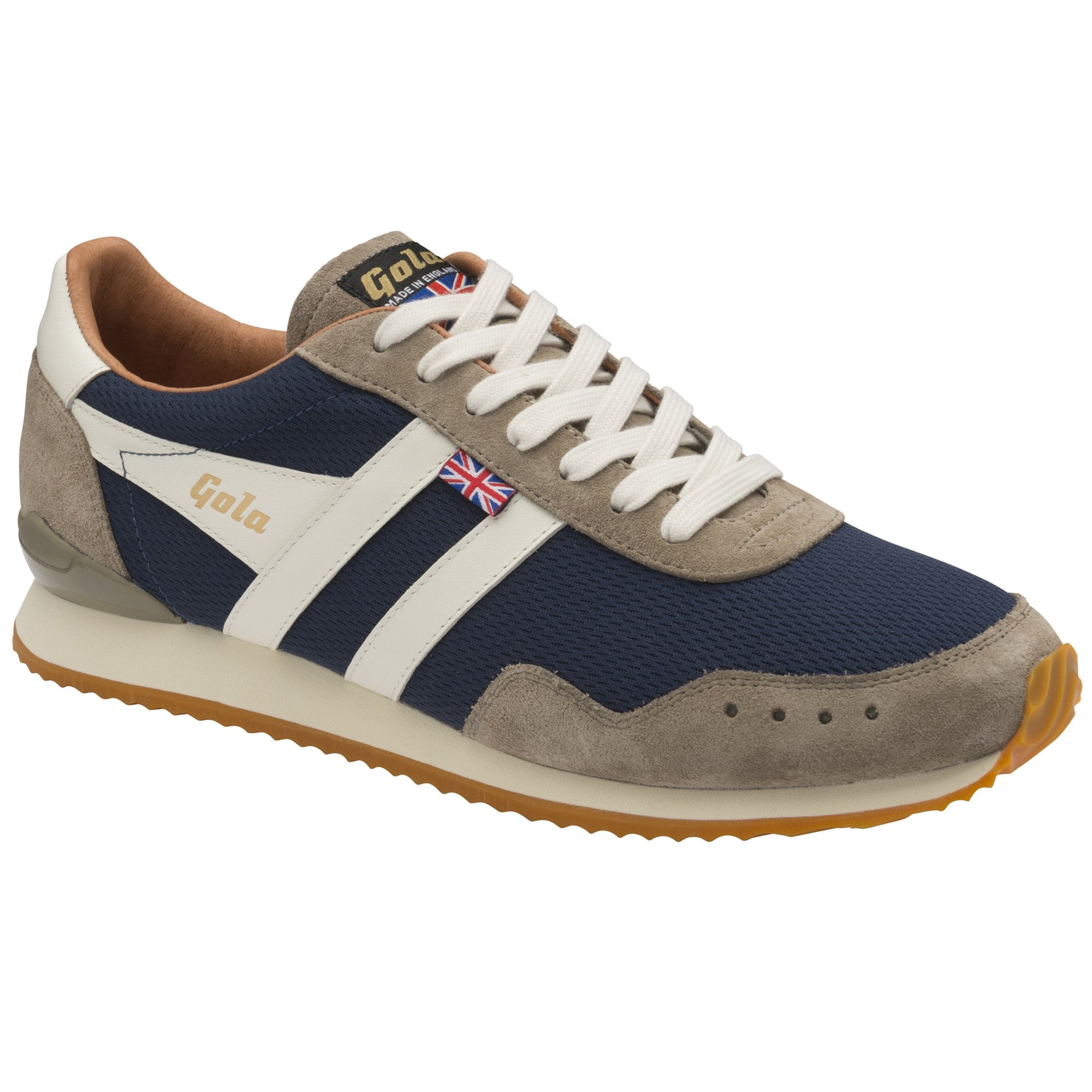 A single men's Gola sneaker, navy, grey, and white, with laces tied.