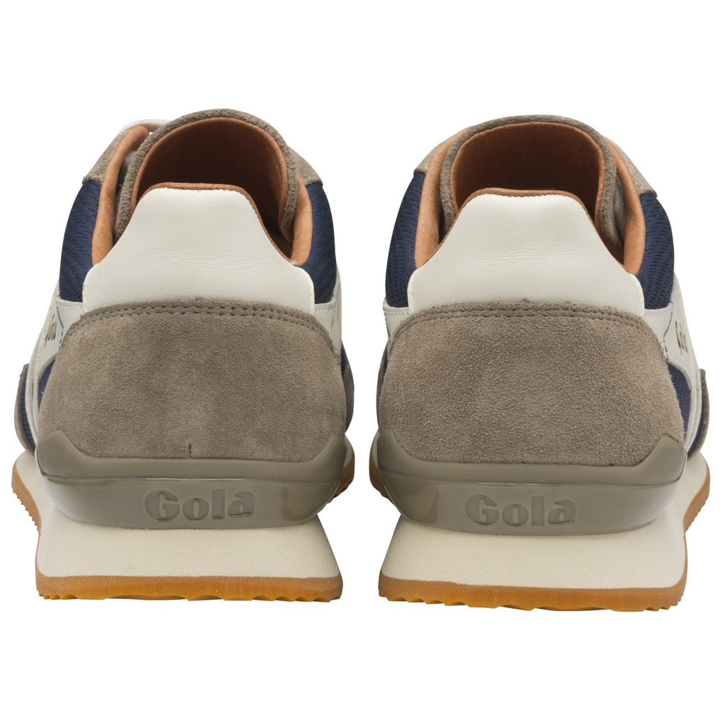Rear view of a pair of Gola men's sneakers, navy, grey, and white.