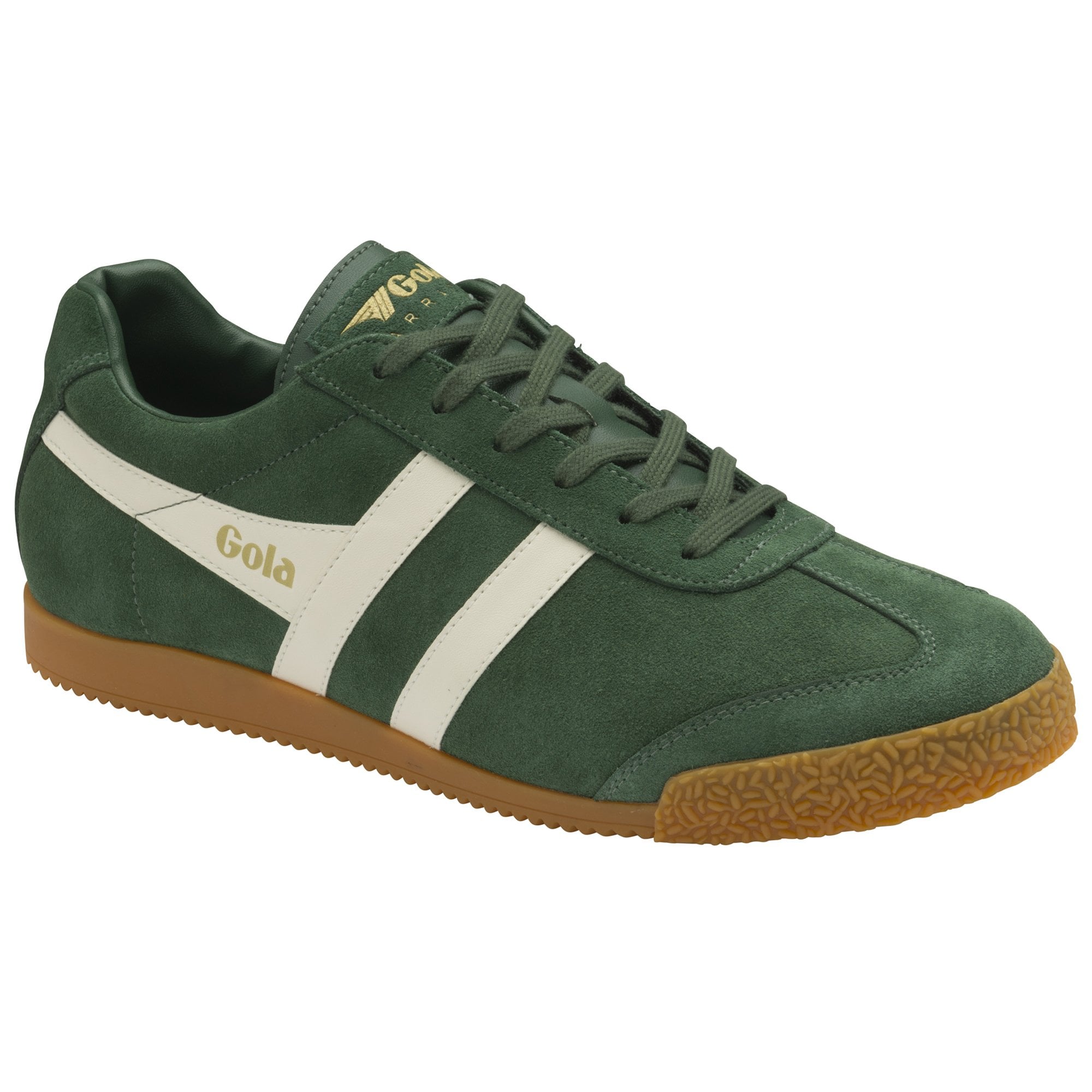 A single green Gola sneaker with white stripes, angled right, showing the side.