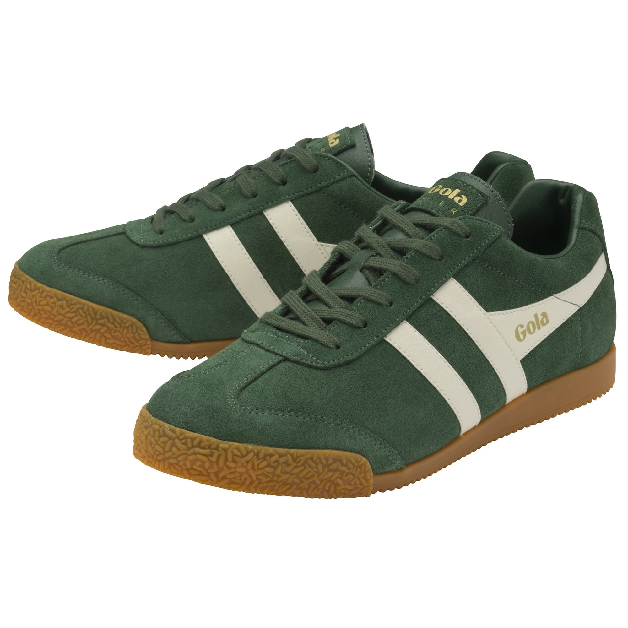 A pair of green Gola sneakers with white stripes, angled to show the sides.