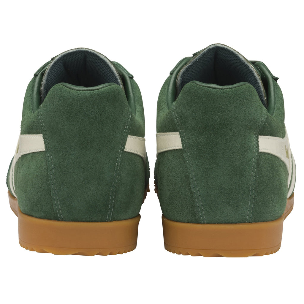 Rear view of a pair of green Gola sneakers with white heel details.