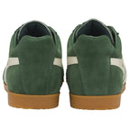 Rear view of a pair of green Gola sneakers with white heel details.