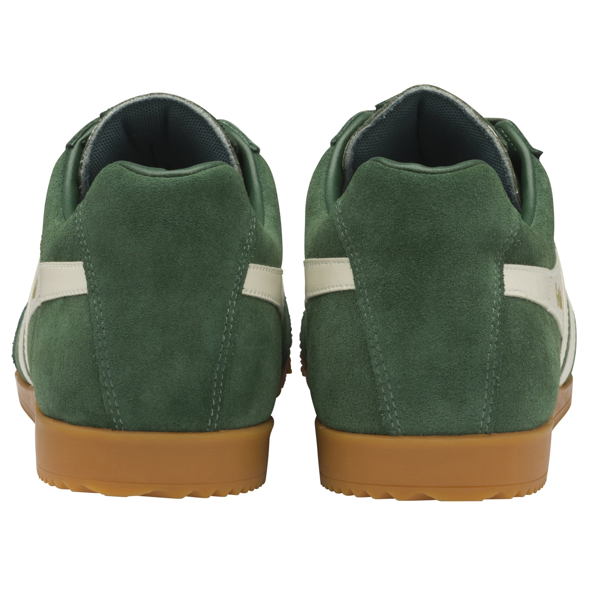 Rear view of a pair of green Gola sneakers with white heel details.