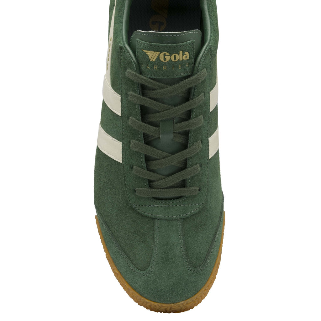 Top-down view of a single green Gola sneaker with white stripes and laces.