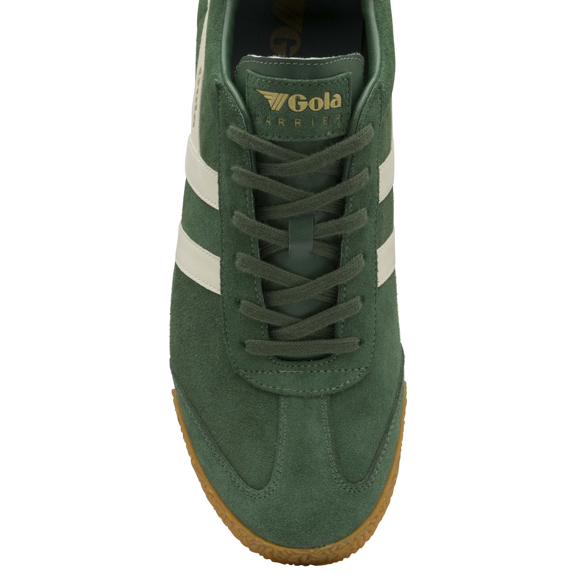 Top-down view of a single green Gola sneaker with white stripes and laces.