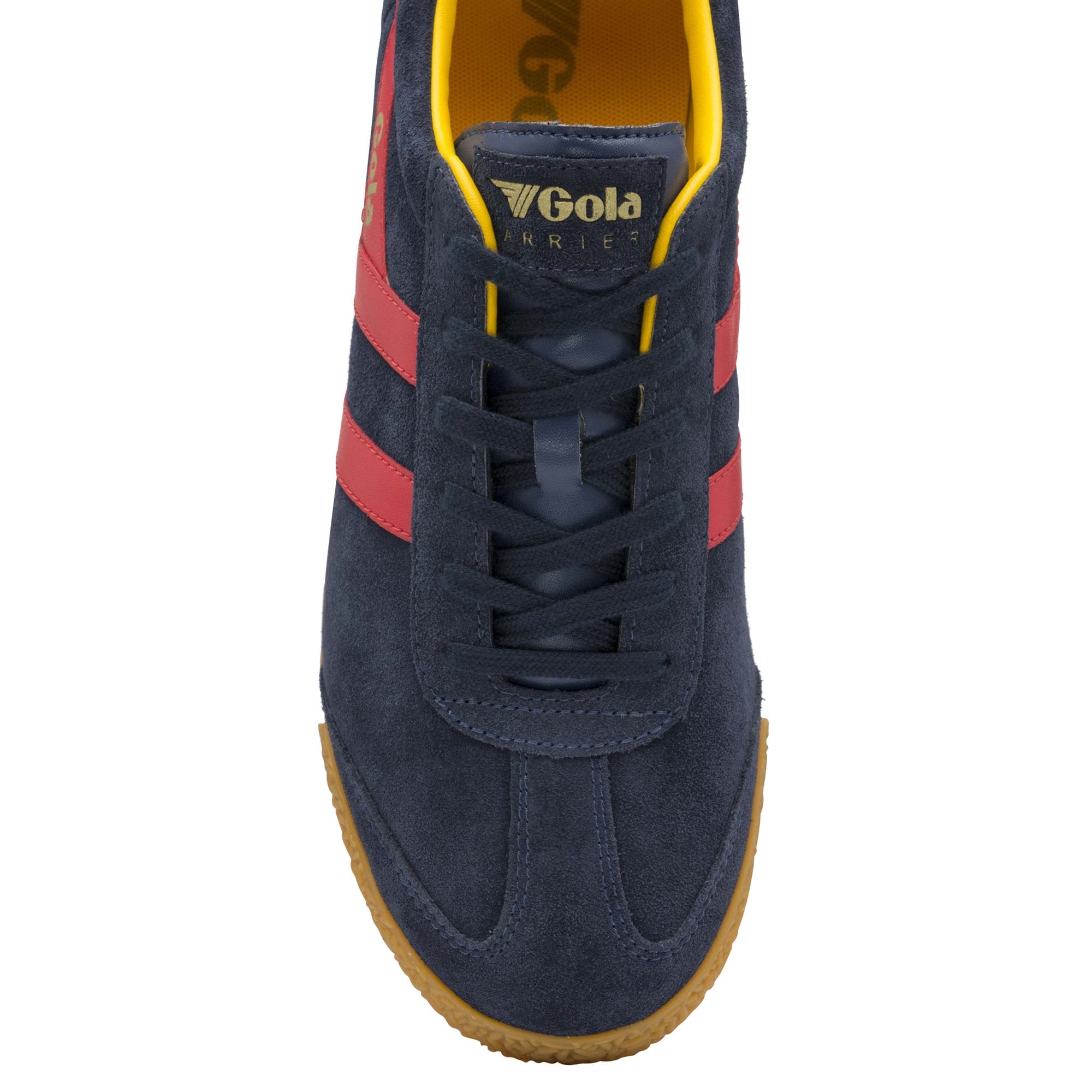 A single men's Gola Harrier sneaker in navy with red stripes and yellow trim. Top-down view.