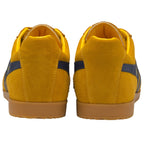 Rear view of a pair of Gola men's Harrier trainers in sunflower and navy.