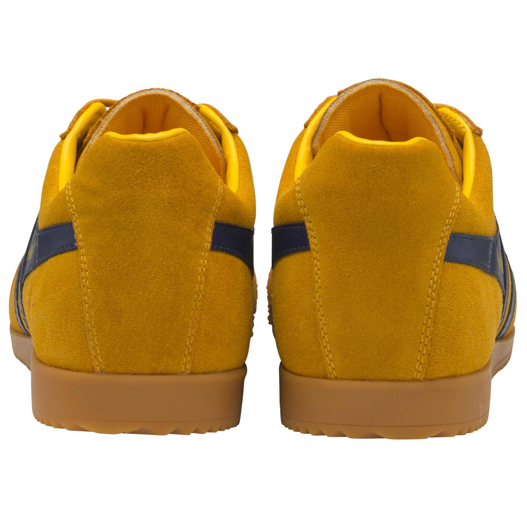Rear view of a pair of Gola men's Harrier trainers in sunflower and navy.