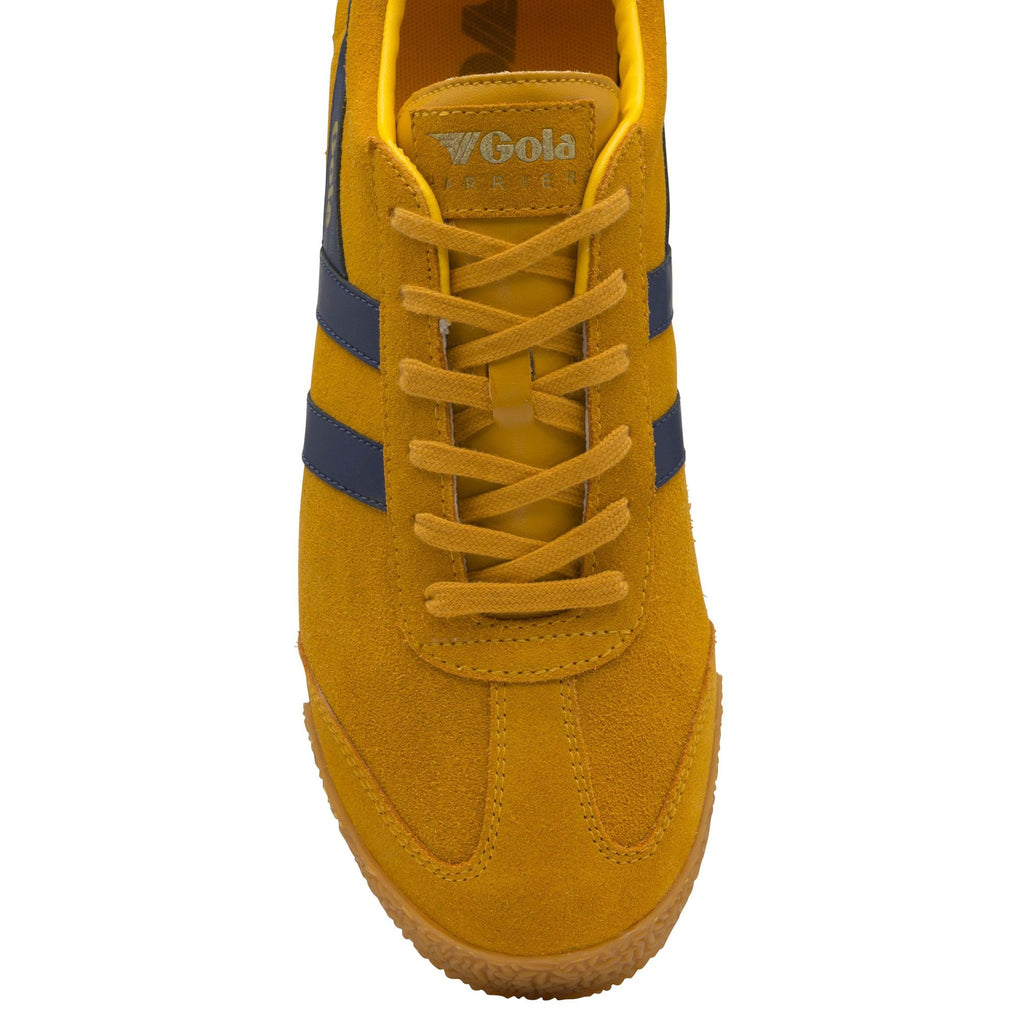 Top view of a Gola men's Harrier trainer in sunflower and navy.