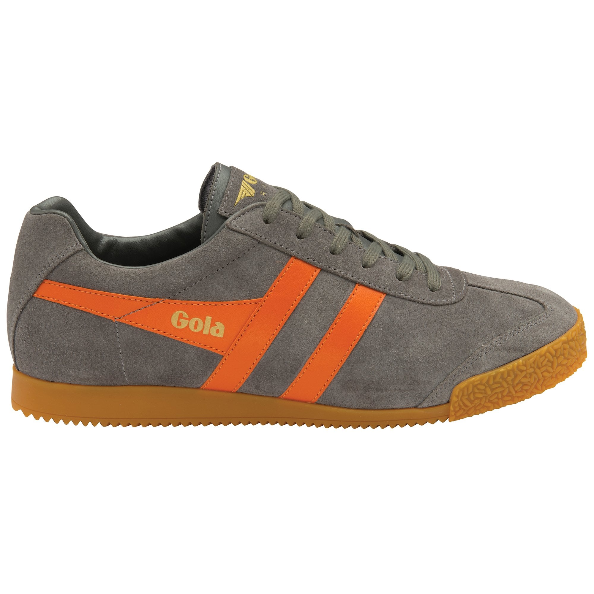 Side profile of a Gola men's Harrier sneaker in grey and orange.