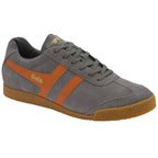 Angled view of a Gola men's Harrier sneaker in grey with orange stripes.
