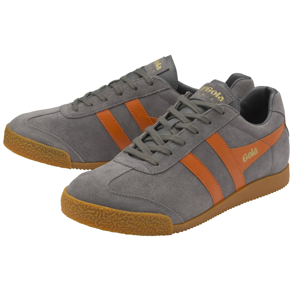 Pair of Gola men's Harrier sneakers in grey and orange, side by side.