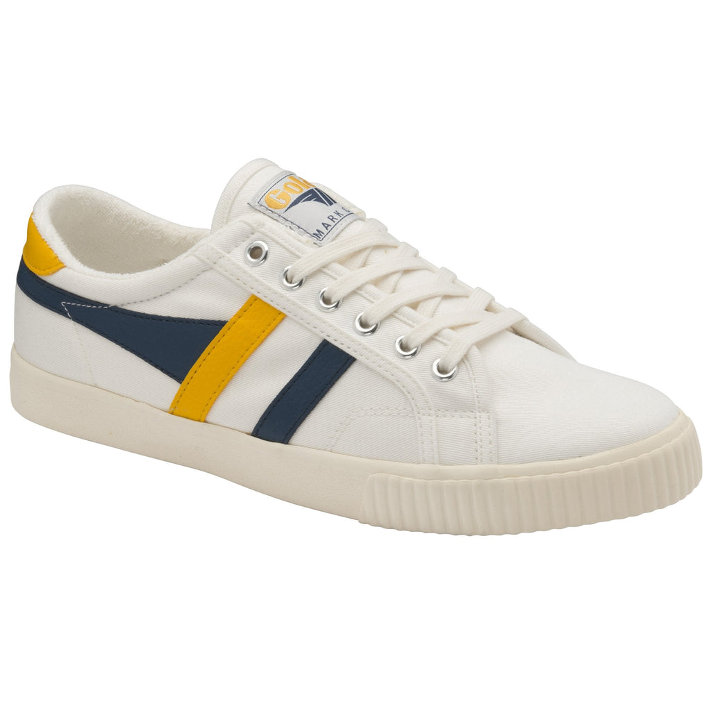 A single white Gola sneaker with navy and yellow stripes from an angle.