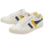 A pair of white Gola sneakers with navy and yellow stripes.