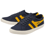 A pair of blue and yellow Gola sneakers, angled with the right shoe in front.