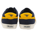 The rear view of a pair of blue and yellow Gola sneakers.