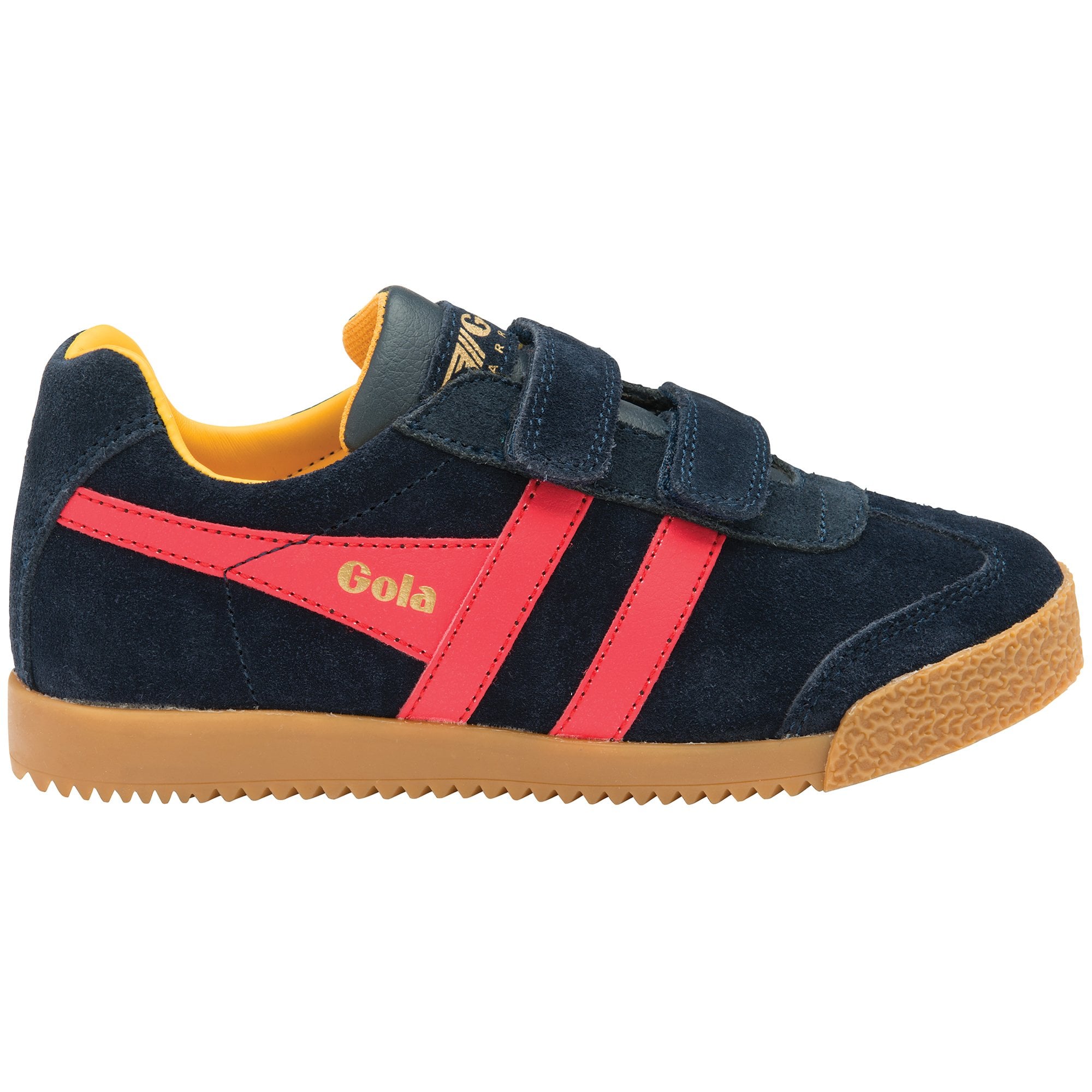 A navy blue Gola kids' sneaker with red stripes and yellow accents, side view. 