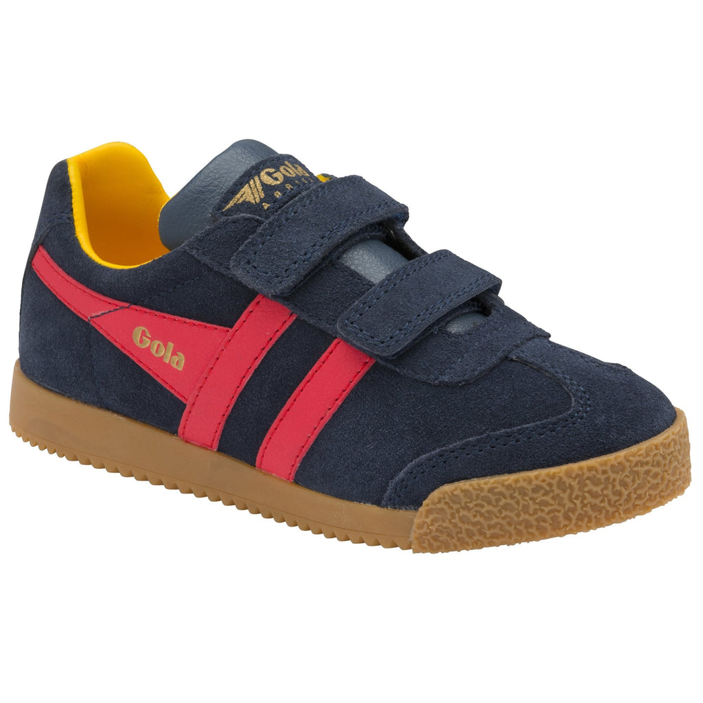 A navy blue Gola kids' sneaker with red stripes, yellow accents, and hook-and-loop closure.