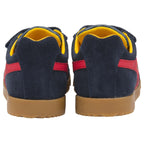Back view of two navy blue Gola kids' sneakers with red stripes and yellow accents.
