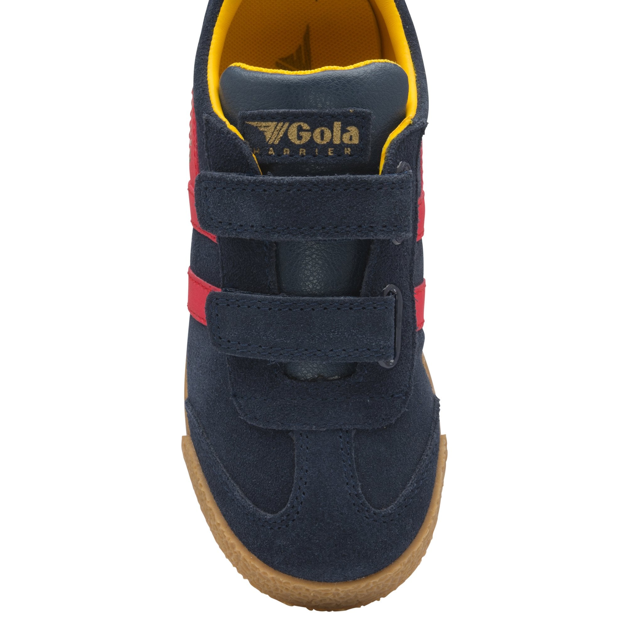 Top-down view of a navy blue Gola kids' sneaker with red stripes and yellow accents.