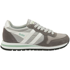 Side profile of a Gola men's trainer in grey with white and mint green accents.
