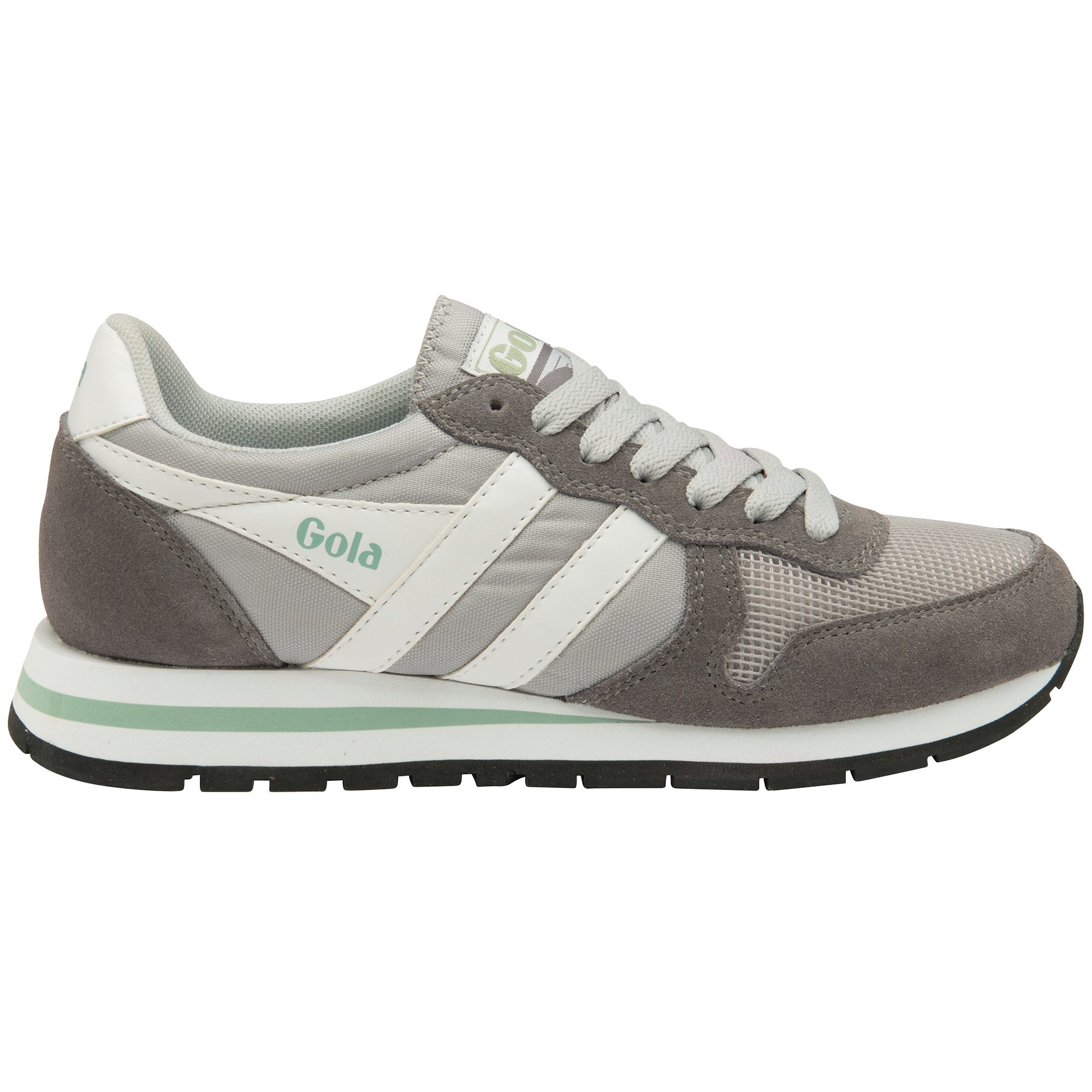 Side profile of a Gola men's trainer in grey with white and mint green accents.
