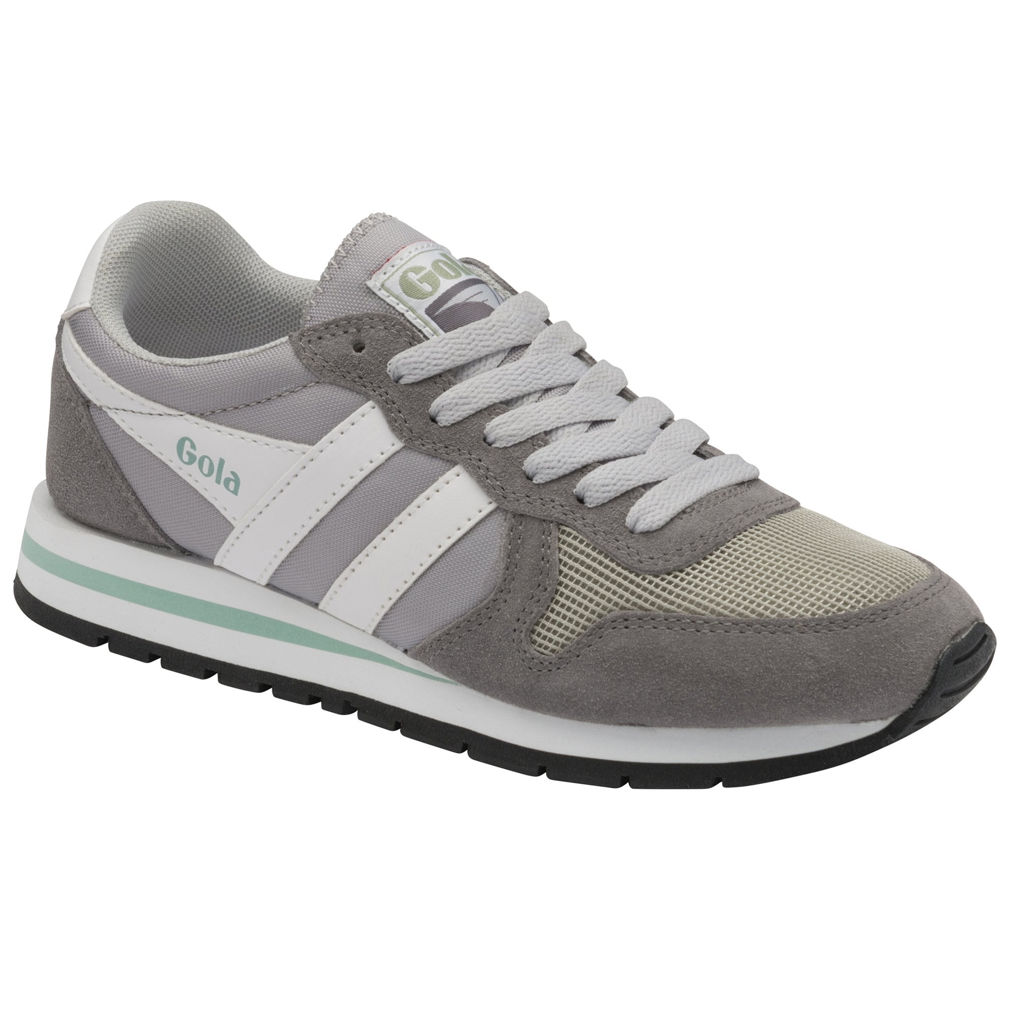 Side view of a Gola men's trainer in shades of grey with white stripes and mint accents.
