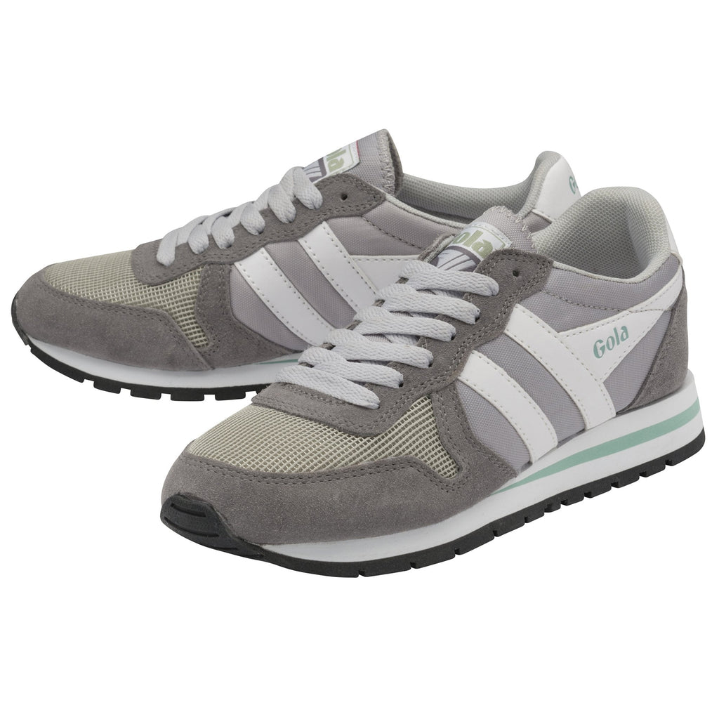 Pair of Gola men's trainers in grey, white, and mint green, angled to show sides.